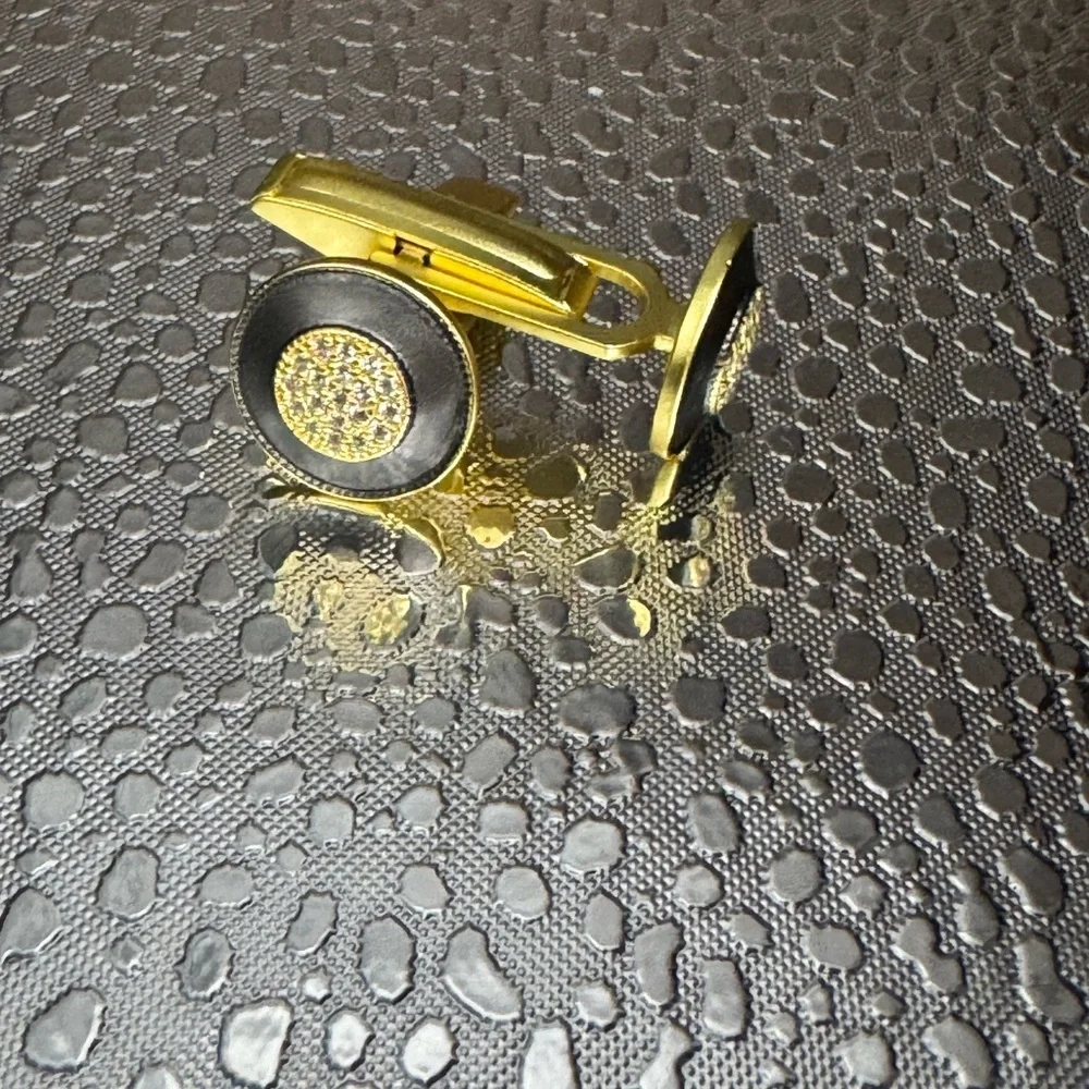 Men’s Cufflinks Freida Rothman factory, matte gold clear CZ black matte circular